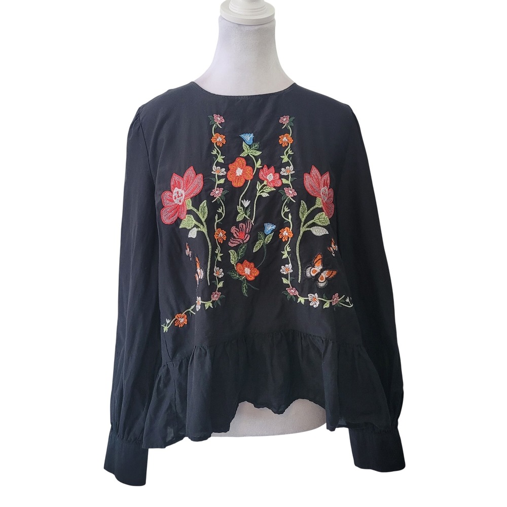 Zara Woman Womens L Blouse Black Floral Butterfly Embroidered Peplum Boho Top